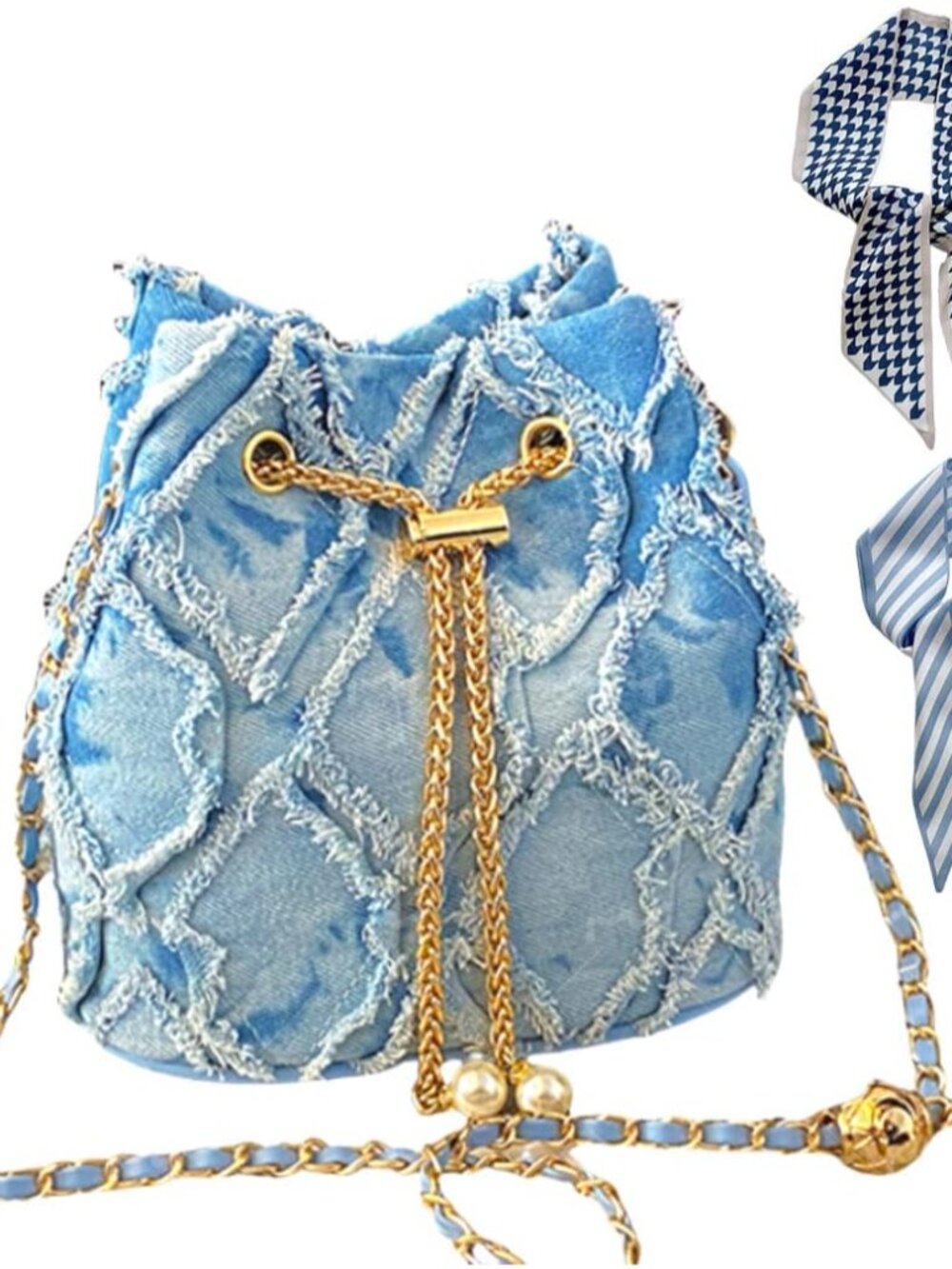 Denim Bucket Bag Quilted Drawstring Denim Purses for Women with 2 Fashionable Ha